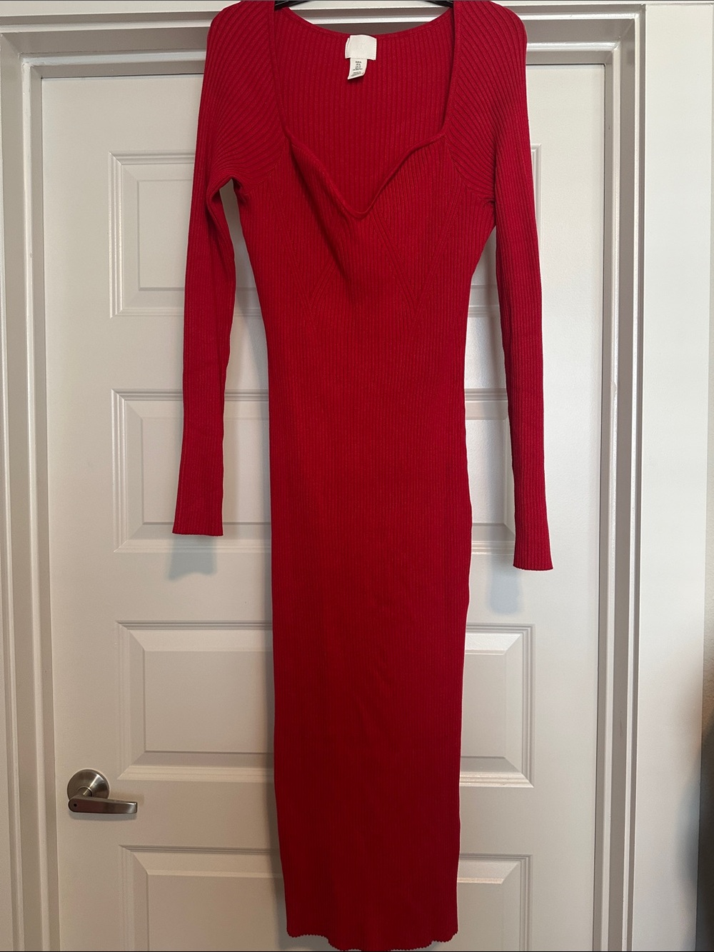 H&M Red Ribbed Long Sleeve Maxi Dress